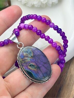 Purple Labradorite Pendant Sugilite Necklace Boho Vintage Southwest Style 925